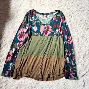 Floral Colorblocked Boho Flowy Oversized Whimsical Indie Lagenlook Hippie Blouse